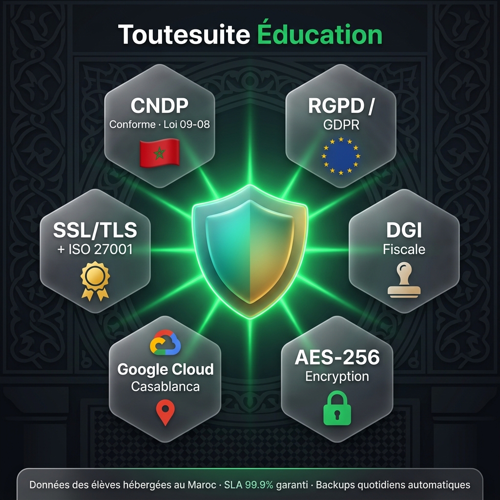 Sécurité ToutSuite Éducation — CNDP, RGPD, DGI, Google Cloud Maroc